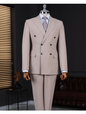 Italyan Stil Slim Fit Kruvaze Ceket Pantolon Takım Elbise Bej T14739