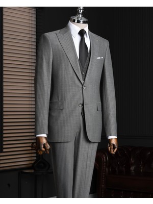 Italyan Stil Slim Fit Sivri Yaka Ceket Yelek Pantolon Takım Elbise Antrasit T14798