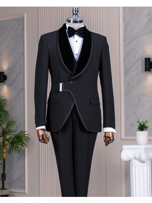 Italyan Stil Slim Fit Şal Yaka Ceket Yelek Pantolon Damatlık Set Siyah T14892