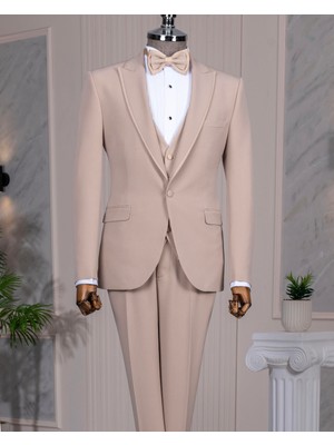 Italyan Stil Slim Fit Sivri Yaka Ceket Pantolon Damatlık Set Bej T14880