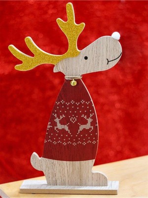 Renkli Ahşap Çanlı Yılbaşı Geyik Süs 17.8X4X30.8 cm