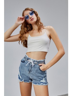 The Fancy Kadın Yüksek Bel Cepli Paçası Püsküllü Pamuklu Kot Şort