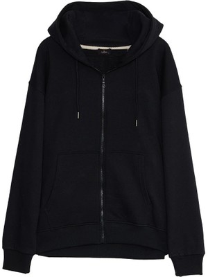 Tudors Erkek Relax Fit Rahat Kesim Pamuklu Tam Fermuarlı Kanguru Cepli Sırt Çantalı Siyah Sweatshirt