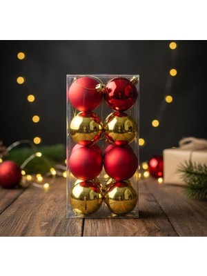 Yılbaşı Topları, 8 Adet, Altın ve Kırmızı Renk, 5 Cm, Pvc Kutuda