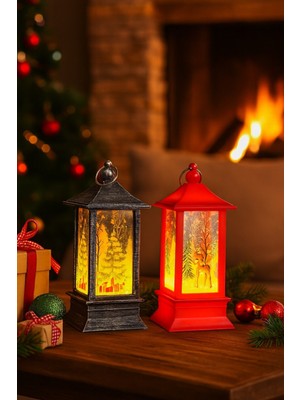 Işıklı Yılbaşı Seti: Çam Ağacı ve Bambi Figürlü Kandil Feneri, 14 cm