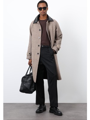 Antioch Vizon Yün Karışımlı Relax Fit Erkek Kaban Uzun Kol Düz Desenli Şık Tasarım