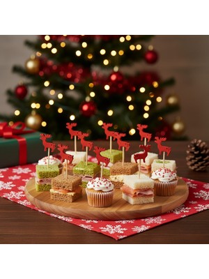 12 Adet Kırmızı Geyik Ahşap Kürdan Seti, Yılbaşı Cupcake ve Parti Sunumu Için.