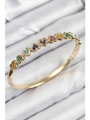 Mustran Pirinç Renkli Zirkon Taşlı Sıralı Kalp Model Gold Renk Kadın Kelepçe