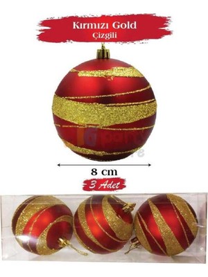 Yılbaşı Top Süsü 8 Cm, Kırmızı, 3 Parça, Renkli, Şeritli