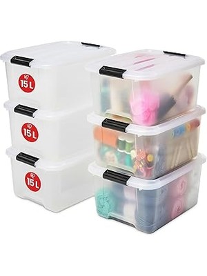 SanalAMCA Store Iris Ohyama Kapaklı Plastik Saklama Kutuları, 15L, 6'lı Set, Şeffaf