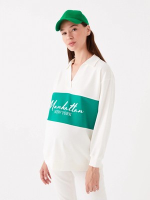 LC Waikiki Lcwaıkıkı Maternity Beyaz Polo Yaka Baskılı Uzun Kollu Oversize Hamile Sweatshirt