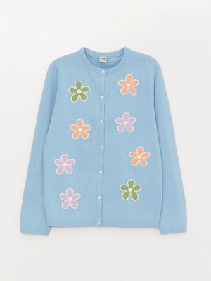 LC Waikiki Lcw Kids Mavi Bisiklet Yaka Desenli Uzun Kollu Kız Çocuk Triko Hırka