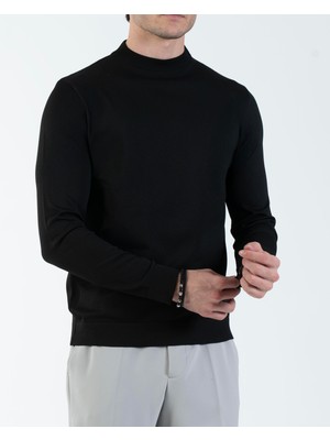 Italyan Stil Slim Fit Bisiklet Yaka Triko Kazak Siyah T14522