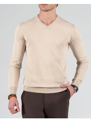 Italyan Stil Slim Fit Erkek V Yaka Triko Kazak Bej T8737