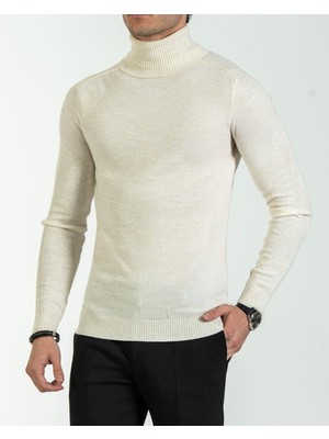 Italyan Stil Slim Fit Triko Balıkçı Yaka Boğazlı Kazak Ekru T13094