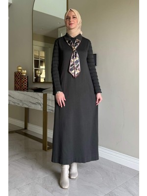 Rabia Şamlı Şölen Fularlı Triko Elbise Haki