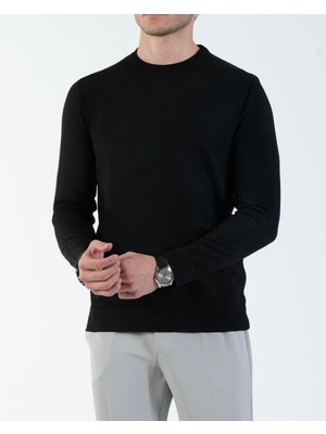 Italyan Stil Slim Fit Bisiklet Yaka Triko Kazak Siyah T14494