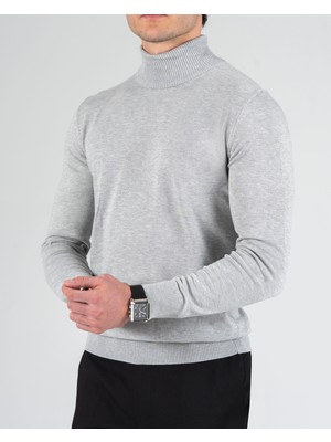 Italyan Stil Slim Fit Boğazlı Erkek Triko Kazak Gri T11388