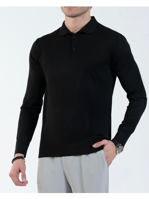 Italyan Stil Slim Fit Polo Yaka Triko Kazak Siyah T14515
