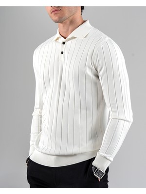 Italyan Stil Slim Fit Polo Yaka Triko Kazak Beyaz T14489