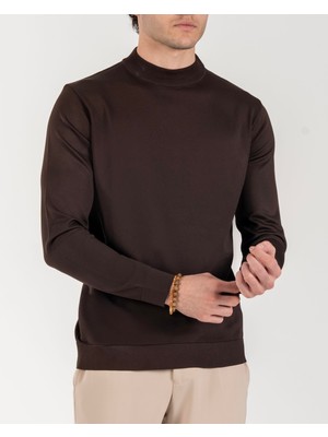 Italyan Stil Slim Fit Bisiklet Yaka Triko Kazak Kahverengi T14526