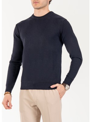 Italyan Stil Slim Fit Erkek Bisiklet Yaka Triko Kazak Lacivert T13120