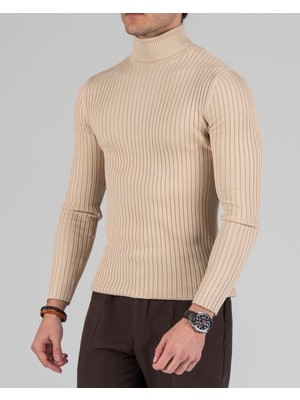 Italyan Stil Slim Fit Fitilli Boğazlı Triko Erkek Kazak Bej T10617