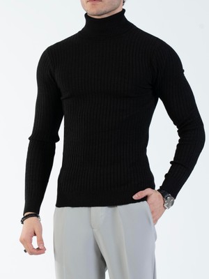 Italyan Stil Slim Fit Fitilli Boğazlı Triko Erkek Kazak Siyah T13148