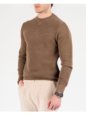 Italyan Stil Slim Fit Erkek Bisiklet Yaka Triko Kazak Kahverengi T13136