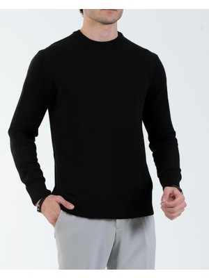 Italyan Stil Slim Fit Erkek Bisiklet Yaka Triko Kazak Siyah T13123