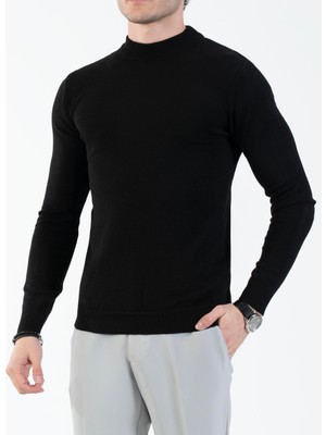 Italyan Stil Slim Fit Erkek Yarım Boğazlı Triko Kazak Siyah T13601