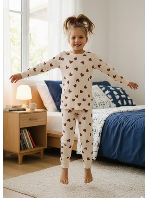 Bunny Hopp Kız Çocuk Kalp Desenli %100 Pamuk Fitilli Interlok Manşetli Uzun Kollu Pijama Takımı