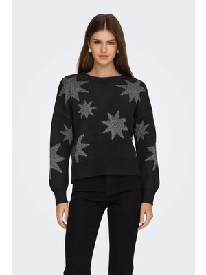 Only Kadın Onlrosıe Yıldız Desenli Bisiklet Yaka Örme Kazak 15328250 Siyah