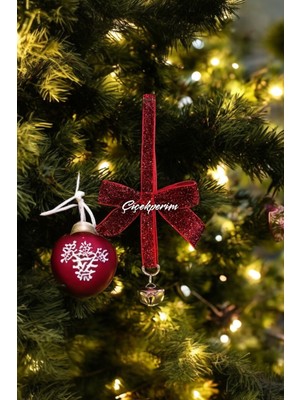 5 Adet Kırmızı Simli Kadife Kurdeleli Noel Çam Ağacı Süsü