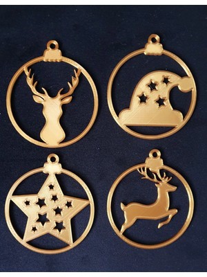 4'lü Çam Ağacı ve Geyik Süsü, Yılbaşı Yıldızı, Altın Renkli Dekorasyon Seti