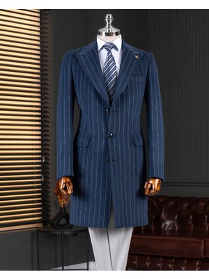 Italyan Stil Slim Fit Sivri Yaka Yün Karışımlı Kaşe Erkek Kaban Lacivert T14719