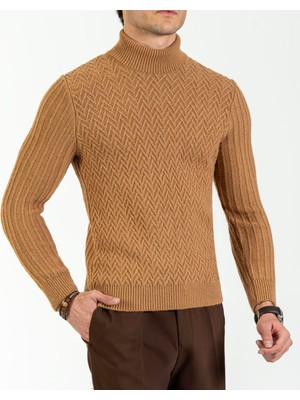Italyan Stil Slim Fit Boğazlı Triko Erkek Kazak Camel T10606