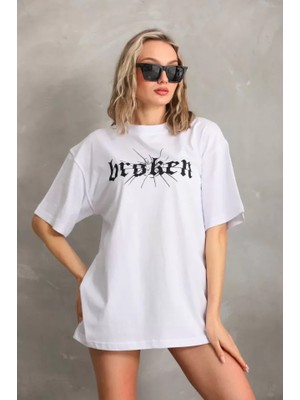 Moderie Butik Unisex Baskılı Oversize T-Shirt - Beyaz