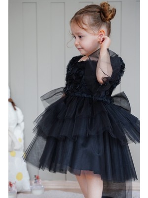 Alyra Kids Kız Bebek Elbise Uzun Kollu Fiyonklu Güllü Tütü Doğum Günü Parti Düğün Özel Gün Abiye Çocuk Elbise Siyah ALY1023