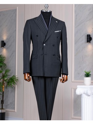 Italyan Stil Yün Karışımlı Kruvaze Ceket Pantolon Takım Elbise Siyah T14323