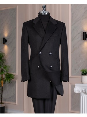 Italyan Stil Slim Fit Kruvaze Yün Karışımlı Kaşe Erkek Kaban Siyah T14713