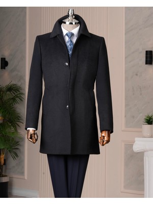 Italyan Stil Klasik Kalıp Yün Karışımlı Kaşe Erkek Kaban Lacivert T14682