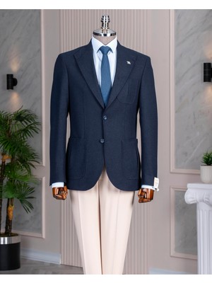 Italyan Stil Slim Fit Sivri Yaka Erkek Tek Ceket Lacivert T14904