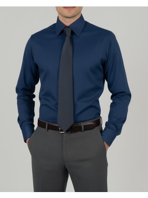 Italyan Stil Slim Fit Erkek Kravat Yaka Gömlek Petrol T14251