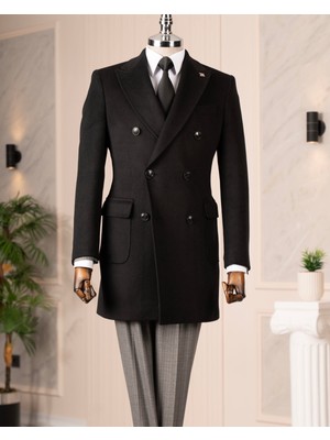 Italyan Stil Slim Fit Kruvaze Yün Karışımlı Kaşe Erkek Kaban Siyah T14693