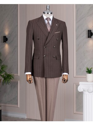 Italyan Stil Slim Fit Kruvaze Ceket Pantolon Kombin Takım Elbise Kahverengi  T14657