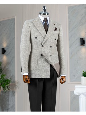 Italyan Stil Slim Fit Kruvaze Torba Cep Erkek Ceket Camel T11257