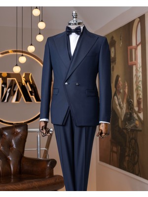 Italyan Stil  Yün Karışımlı Ceket Yelek Pantolon Damatlık Set Lacivert T14882