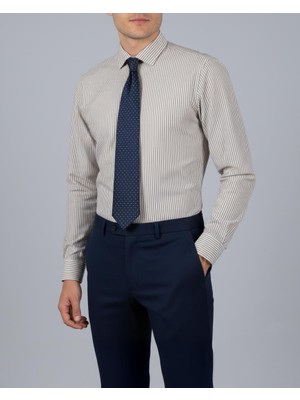 Italyan Stil Slim Fit Çizgili Kravat Yaka Erkek Gömlek Bej T13803
