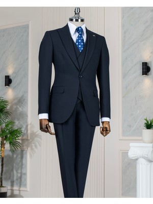 Italyan Stil Slim Fit Ceket Yelek Pantolon Takım Elbise Lacivert T13504
